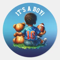 Football Baby Boy and Teddy Baby Shower It's a Boy Classic Round Sticker