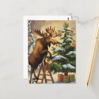 Funny Moose Decorating the Christmas Tree Postcard