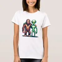 Extraterrestrial Alien Being and Bigfoot Pixel Art T-Shirt