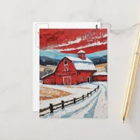 Unique Red Winter Barn Painting Postcard