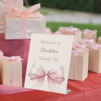 Pink bow cream beige Sweet 16 welcome Pedestal Sign