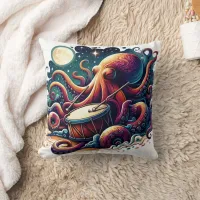 Colorful Octopus Playing Drum Under Moonlight Throw Pillow