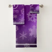 Festive Purple Foil Snowflakes Monogram Name Bath Towel Set