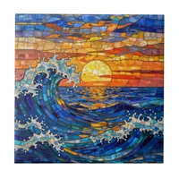 Oceanic Coastal Ocean Waves Sunset   Ceramic Tile