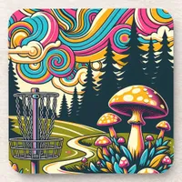 Psychedelic Disc Golf Basket and Retro Mushrooms Beverage Coaster