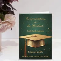 Radiant Glittery Gold Graduation Cap on Green Card