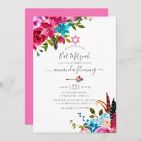 Pink Watercolor Boho Chic Floral Bat Mitzvah Invitation