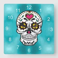 Sugar Skulls and Swirls Rose Turquoise ID725 Square Wall Clock