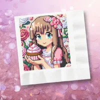 Pixel Art Girl's Pink Birthday Party Napkins