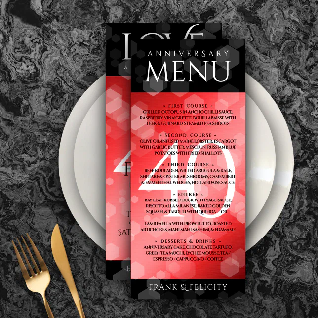 Elegant 40th Ruby Wedding Anniversary Celebration Menu