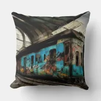 Abandoned Train with Graffiti Urban Street Art Throw Pillow