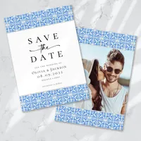 Mediterranean Blue Tile Script Photo Wedding Save The Date