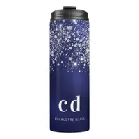 Blue glitter dust silver monogram name script thermal tumbler