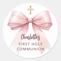 First Communion pink bow girl cross Classic Round Sticker