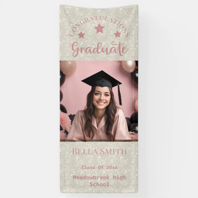 Modern Glitter Photo Graduation Dusty Pink  Banner