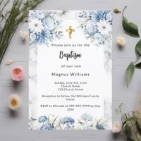 Blue florals marble arch gold cross baptism invitation