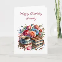 Pretty Floral Vintage Books and Coffee Birthday Card