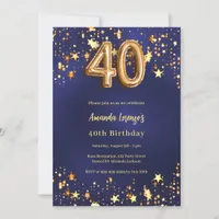 40th birthday navy blue gold stars invitation