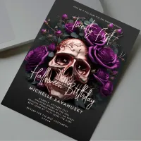 21st Halloween Birthday Skull Purple Roses Invitation