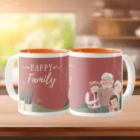 Red and Green Watercolor Happy Family Wraparound Two-Tone Coffee Mug