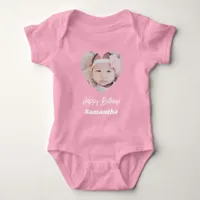 Photo heart name birthday girl pink baby bodysuit
