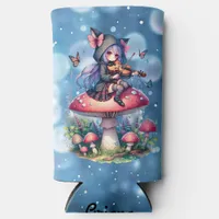 Fairy in Hoodie Playing Viola on a Mushroom  Seltzer Can Cooler