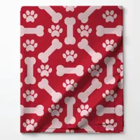 Red and White Dog Bones and Paw Prints Pattern Fabric