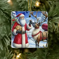 Vintage Santa and Reindeer on Christmas Ever  Ceramic Ornament