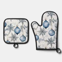 Vintage Blue Christmas Tree Ornaments Pattern Oven Mitt & Pot Holder Set