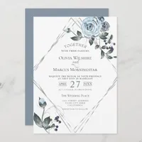 Wedding Watercolor Dusty Blue Floral Silver Frame Invitation