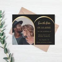 Black gold modern photo arch wedding save the date