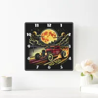 A vintage hot rod racing under the full moonlight square wall clock