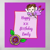 Pretty Brown Hair Fairy Girl Happy Birthday Poster