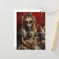 Girl in a Gas Mask With White Rabbit Postcard