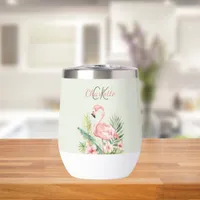 Pink flamingo tropical summer monogram sage green thermal wine tumbler