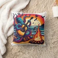 Octopus Playing Guitar by Campfire at Sunset Throw Pillow