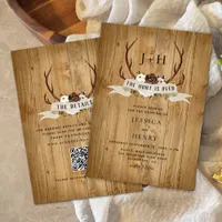 Hunt is Over Rustic Antlers Wedding QR Code Invitation