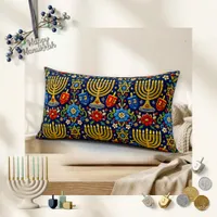 Ornate Blue Folk Embroidered Menorah Lumbar Pillow
