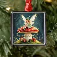 Christmas Fairy atop a Mushroom Cottage Core Metal Ornament