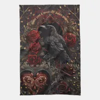 Dark Gothic Beauty Red Roses Black Crow Raven Bird Kitchen Towel