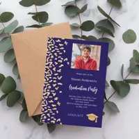 Graduation party dark blue gold confetti photo invitation