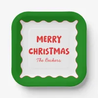 Retro Bold Wavy Red & Green Custom Merry Christmas Paper Plates