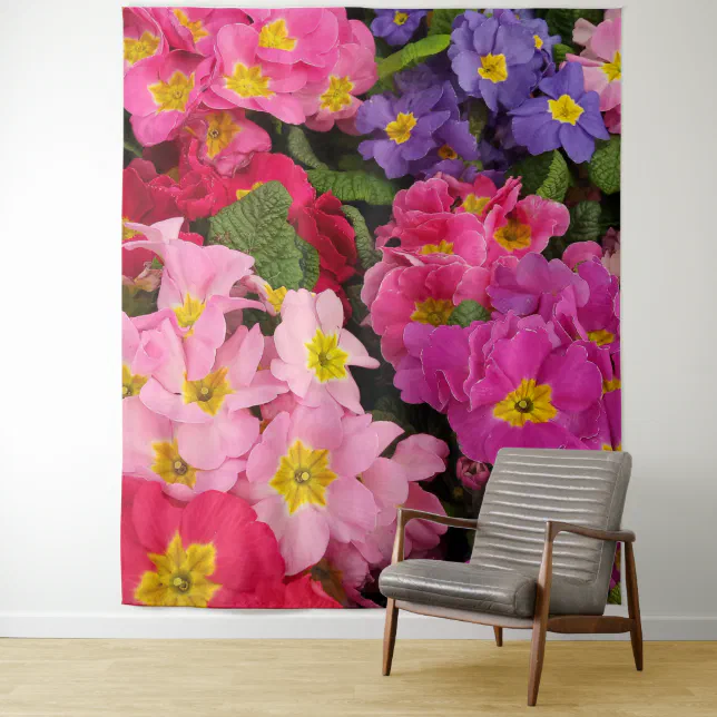 Colorful Medley Pink Blue Purple Primula Flowers Tapestry