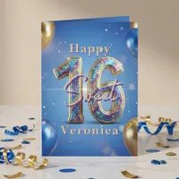 Sweet 16 Royal Blue Gold Glitter Balloon Birthday Card