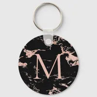 Chic Black Marble Rose Gold Foil Monogram Keychain