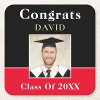 Congrats Name Grad Photo Black Red Gold Informal Square Paper Coaster