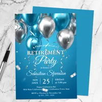 Shiny Blue and Silver Balloons Retirement Party Invitation