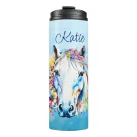 Pretty White Horse Floral Personalized  Thermal Tumbler