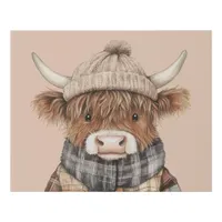 Cute Highland Cow Wearing Hat Boho Cream Faux Canvas Print