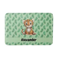 Cute Cartoon Tiger on Tropical Leaves Bath Mat